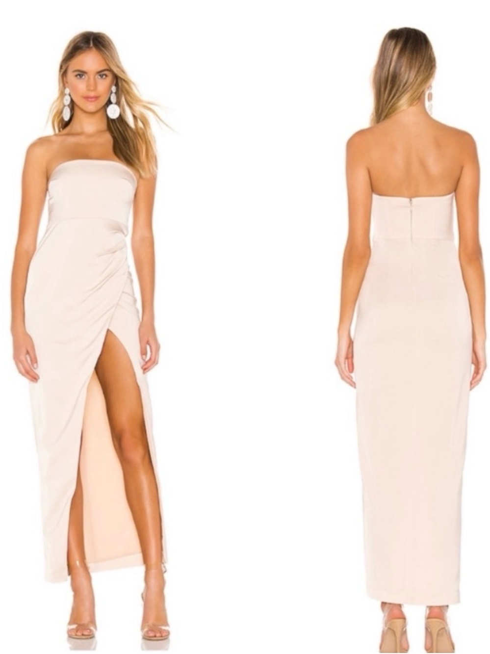 NBD Lucilda Strapless Satin Gown Size Small High Slit in Champagne